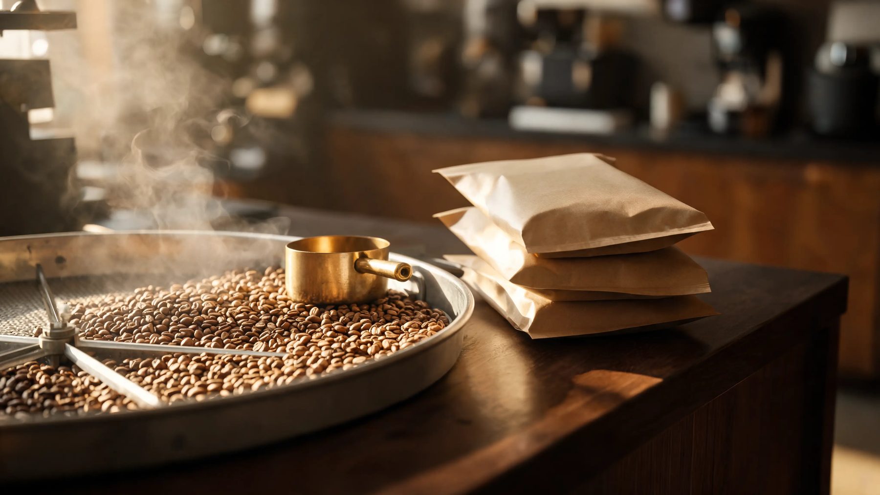 Roastery bench with a cooling tray of fresh beans and stacked kraft bags